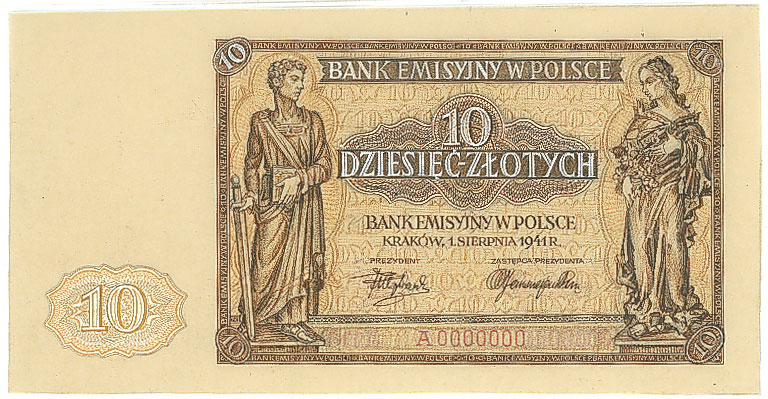 Awers druku próbnego banknotu 10 złotych 1941