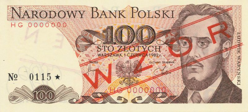 Awers wzoru 100 złotych 1982