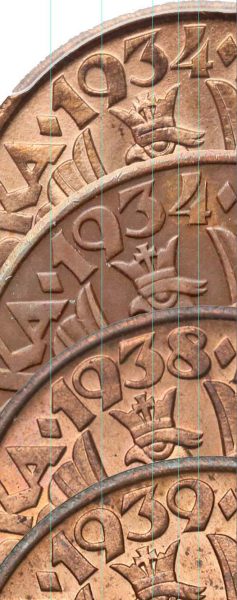 Porównanie oryginału i fałszerstwa 5 groszy 1934 oraz monet z roczników 1938 i 1939