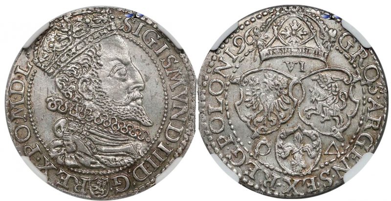 Szóstak Malbork 1596 z dużą głową króla